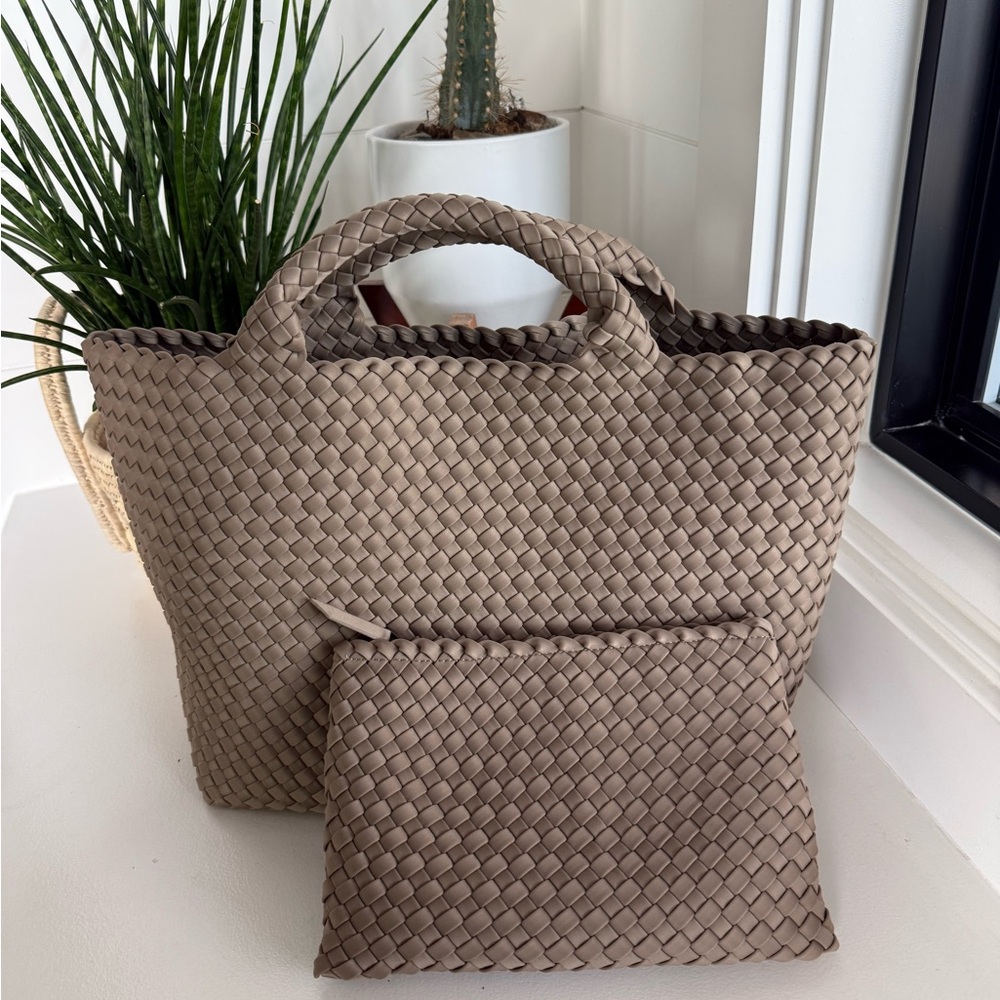 Naghedi St. Barths Medium Tote | Cashmere Taupe | Woven Neoprene + Pouch